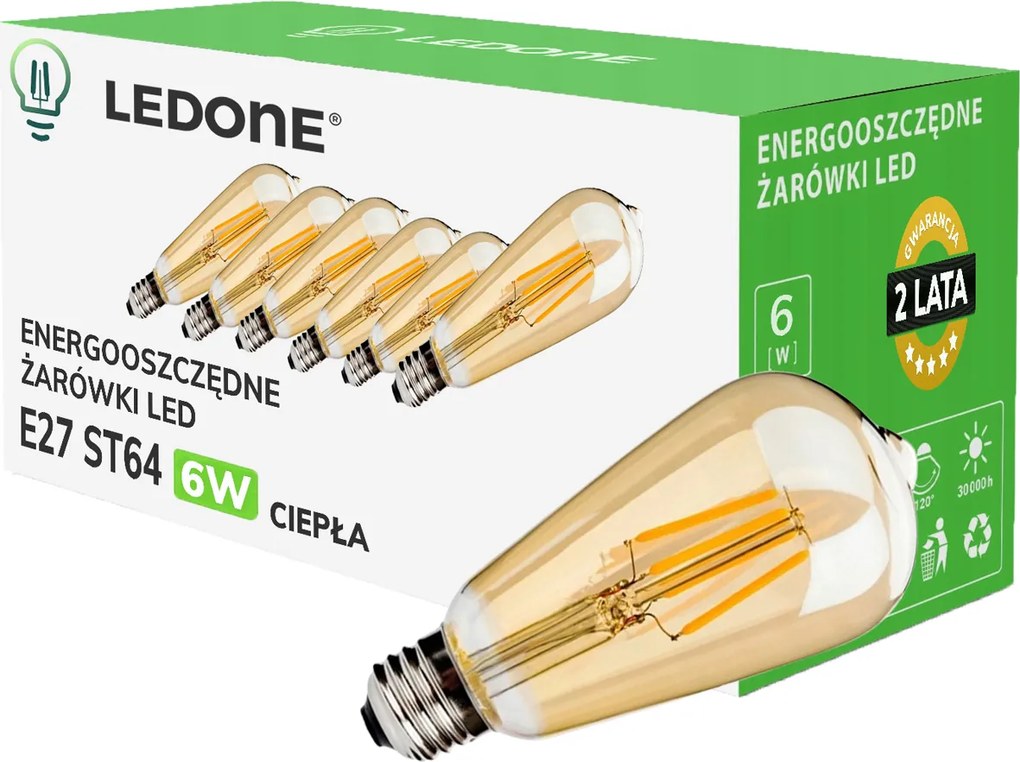 6x Led izzó filament E27 ST64 6W Meleg Vintage füst amber Led szett