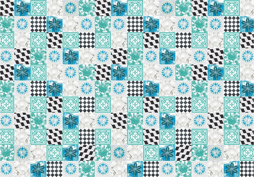 Flizelin fotótapéta Kék geometria virágok és csempék 460x300 +ragasztó