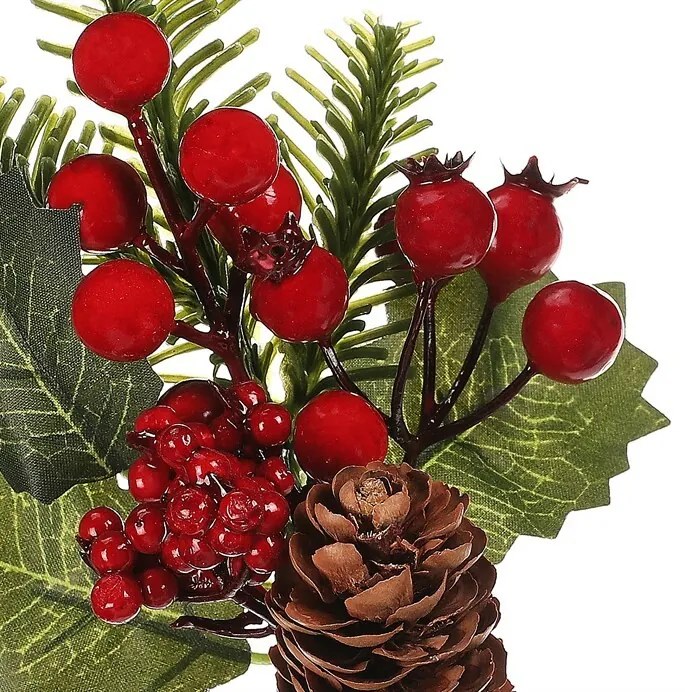 Ágak tobozokkal és bogyókkal, 3 db- os szett, piros, 24 cm