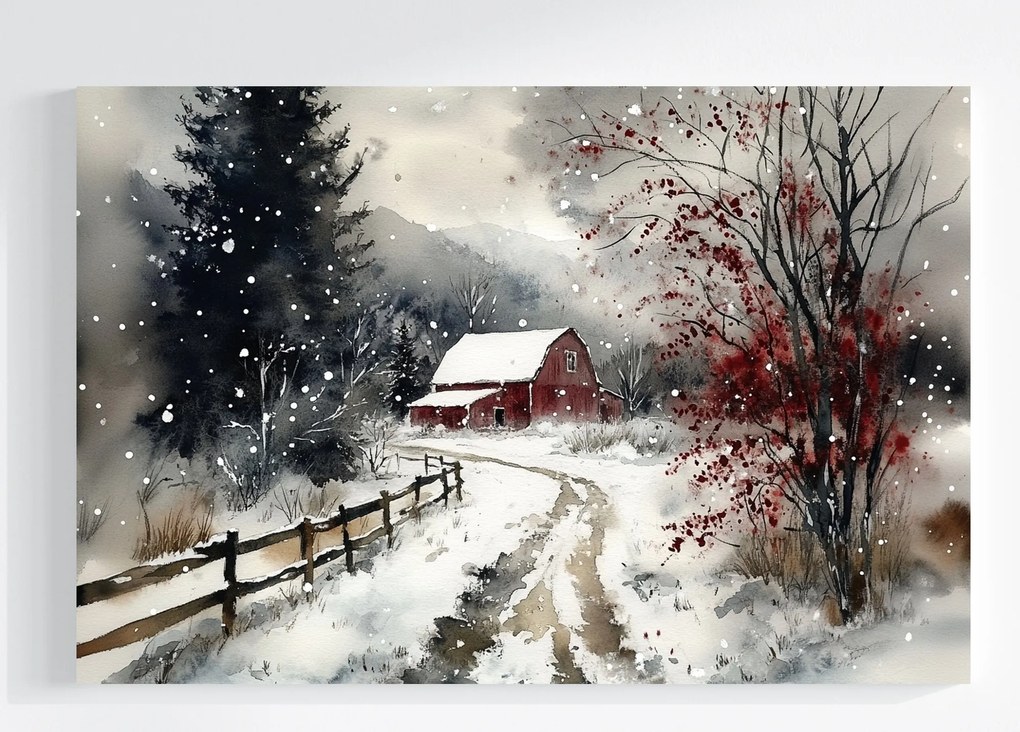 Vászonkép Canvas Tájkép Tél Hó Út Falu Pajta 60x40