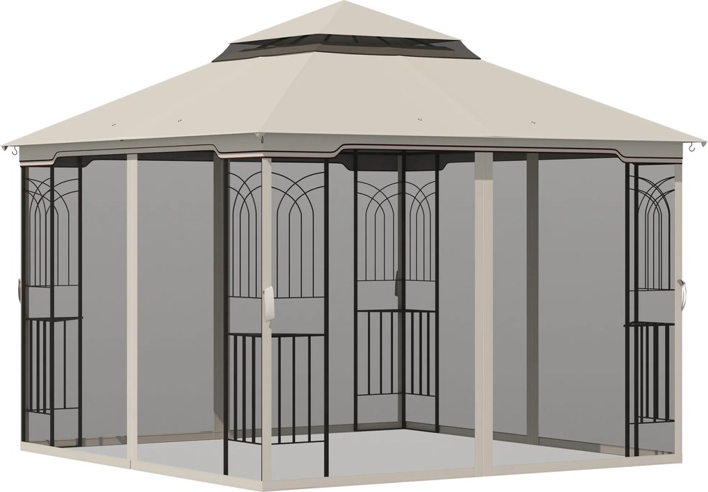 Outsunny Kerti Pavilon Dupla Tetővel, 4 Oldallal, Fém + Poliészter, Bézs, 2,99 x 2,99 x 2,74 m | Aosom