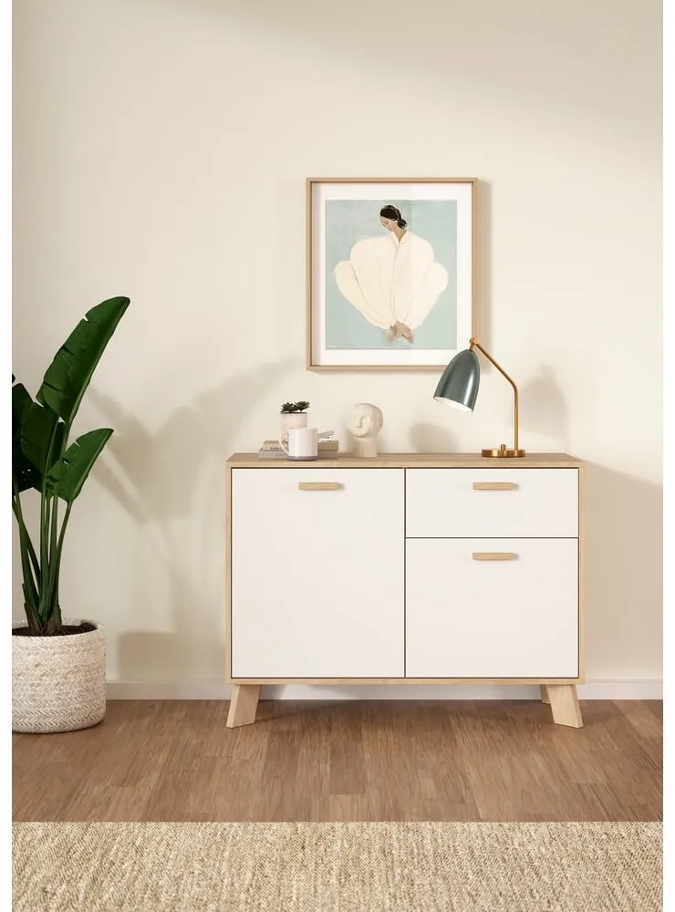 Fehér-natúr színű komód tölgyfa dekorral 99x73x39 cm Ikast – Tvilum