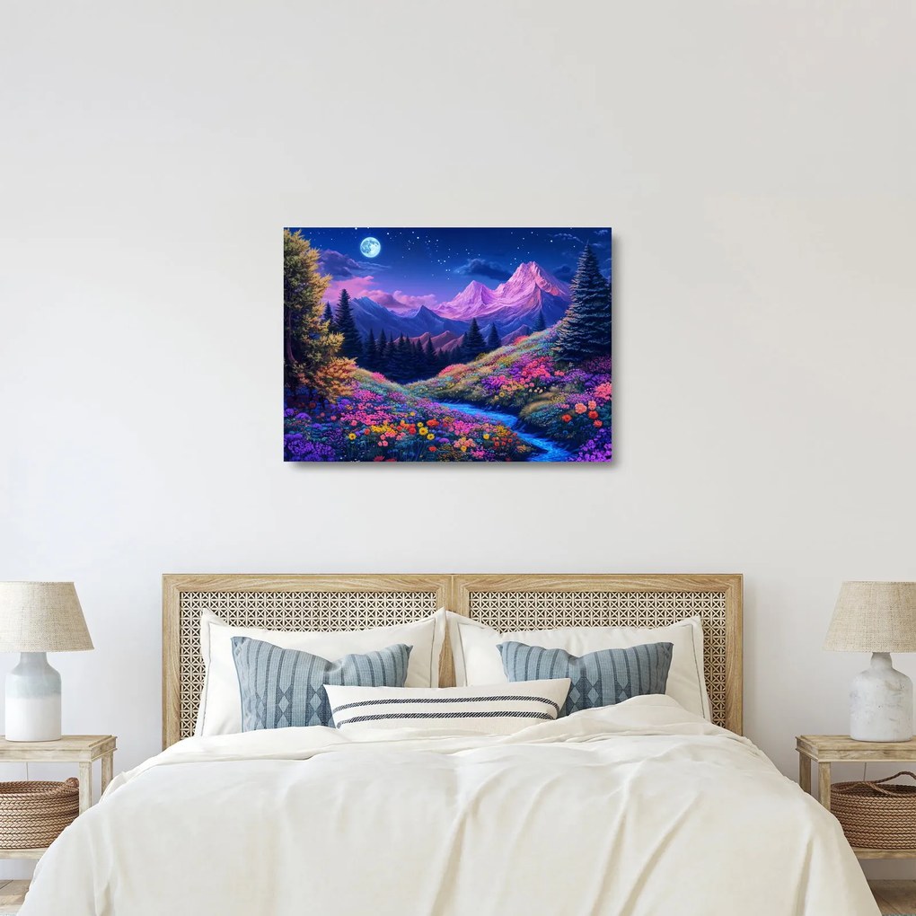 Üveg kép - Lila táj teljes holdfénynél (70x50 cm)