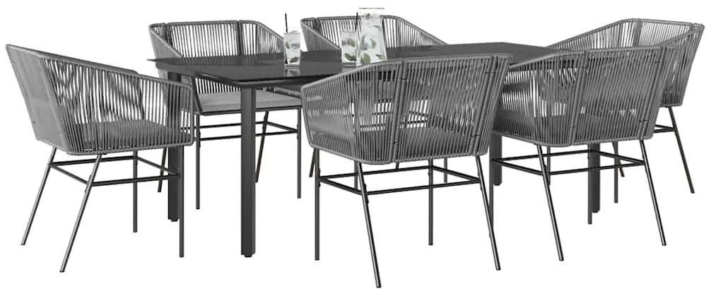vidaXL 7 részes szürke polyrattan üveg kerti étkezőgarnitúra párnával
