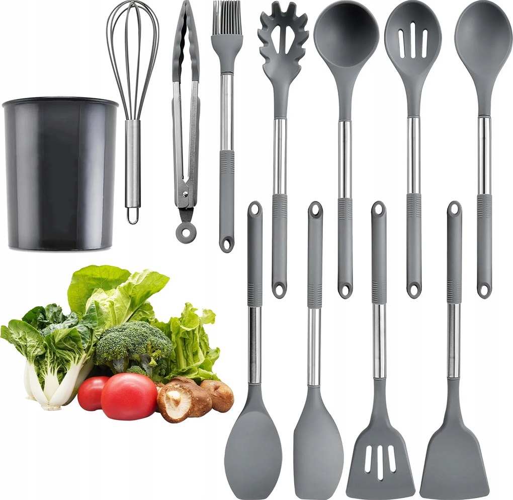 Konyhai Edénykészlet Szilikon 12EL Rozsdamentes Acél Fogantyú Szürke