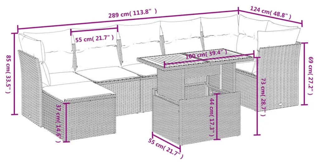 8 részes fekete polyrattan kerti ülőgarnitúra párnákkal