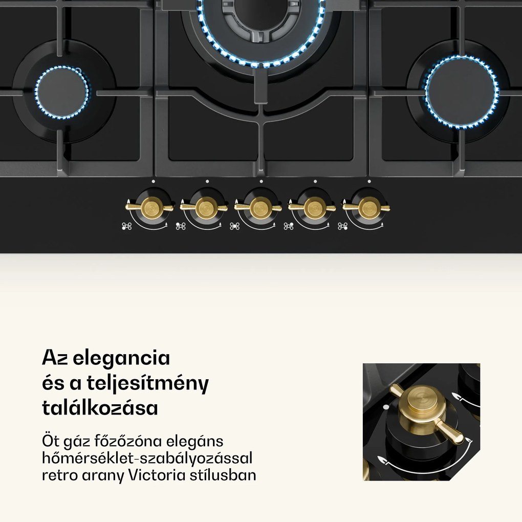 Klarstein Victoria 5, gázfőzőlap, 5 Sabaf égők, üvegkerámia, retró külső