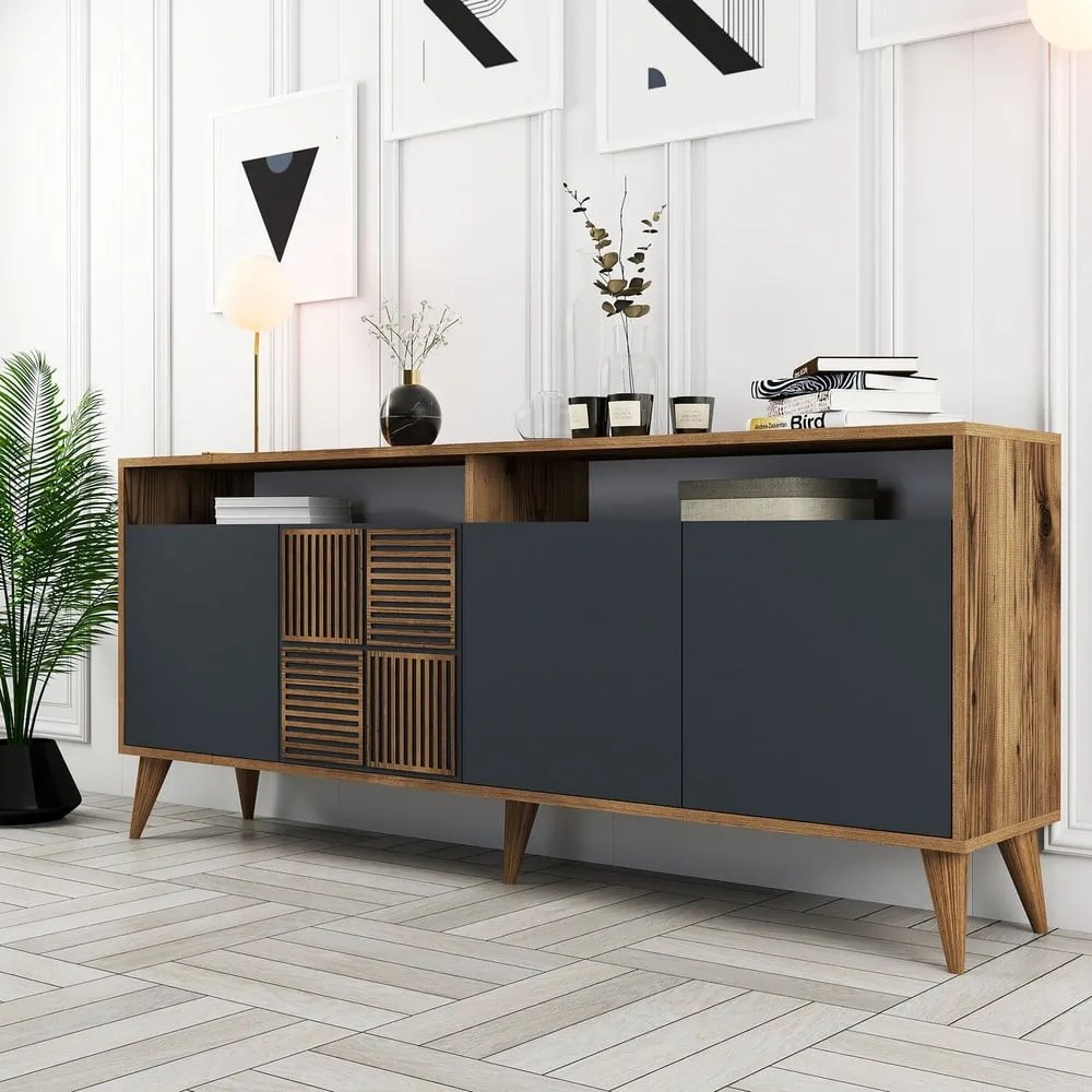 Antracitszürke-natúr színű alacsony komód diófa dekorral 180x79 cm Milan – Kalune Design