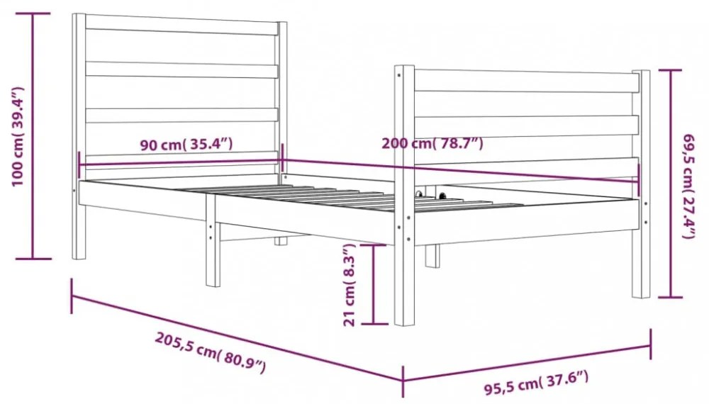 vidaXL fehér tömör fenyőfa ágykeret 90x200 cm