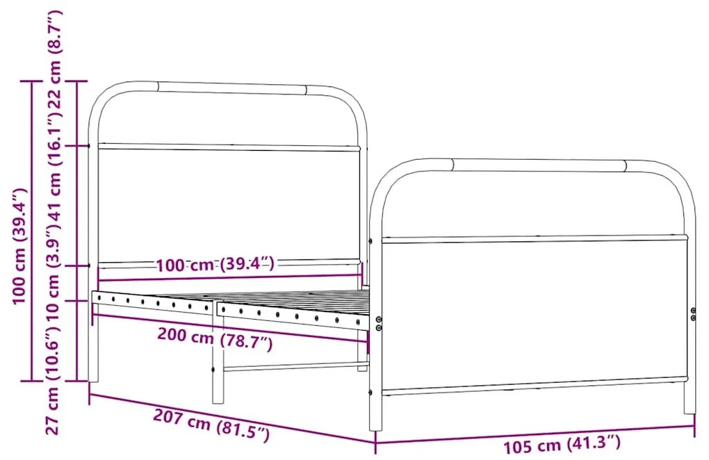 ágykeret matrac nélkül 100x200 cm füstölt tölgy fűrészelt fa