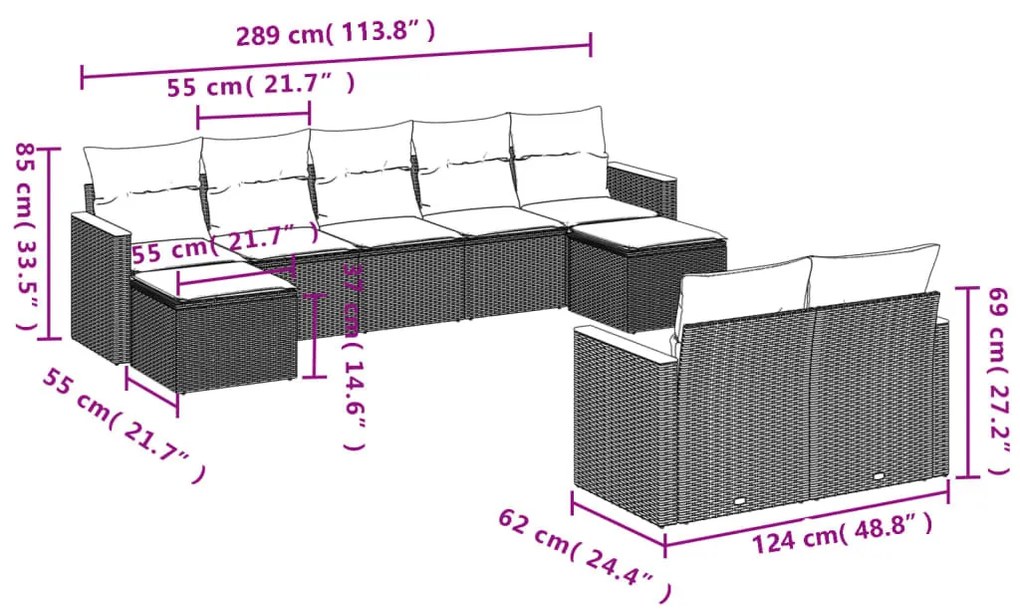 9 részes fekete polyrattan kerti ülőgarnitúra párnákkal