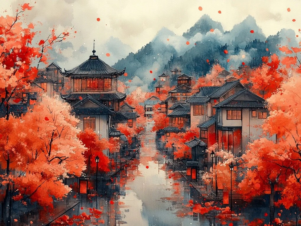 Vászonkép Canvas Tájkép Város Házak Ázsia Ősz Kína Hegyek 100x75