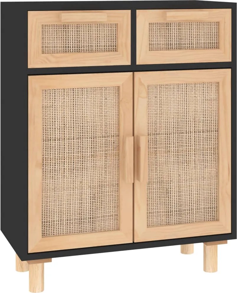 vidaXL fekete tömör fenyő/természetes rattan tálalószekrény 60x30x75cm