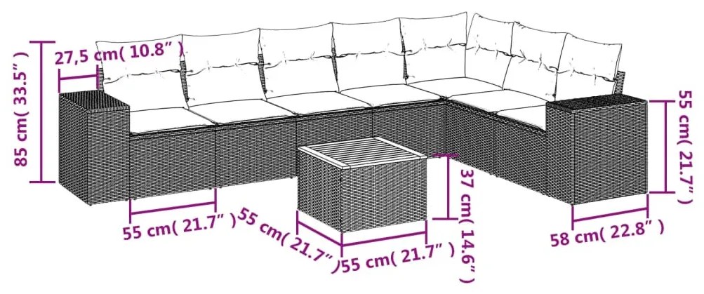 8 részes fekete polyrattan kerti ülőgarnitúra párnákkal