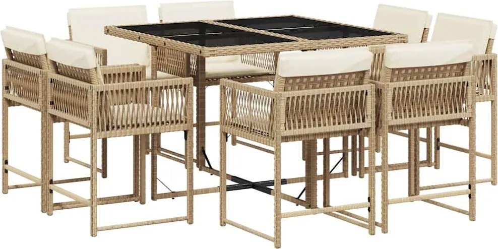 vidaXL 9 részes bézs polyrattan kerti étkezőgarnitúra párnákkal