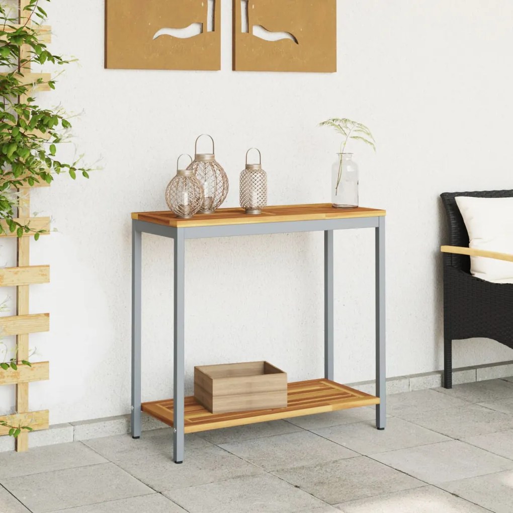 Kültéri Asztal Természetes és Szürke 35x80x75 cm Tömör Fa és Acél