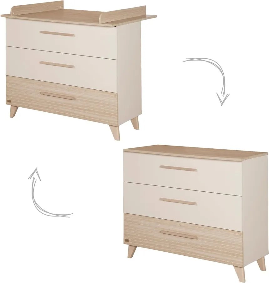 Krémszínű-natúr színű gyerek komód pelenkázó feltéttel, tölgyfa dekorral 110x98x75 cm Sidney – Roba