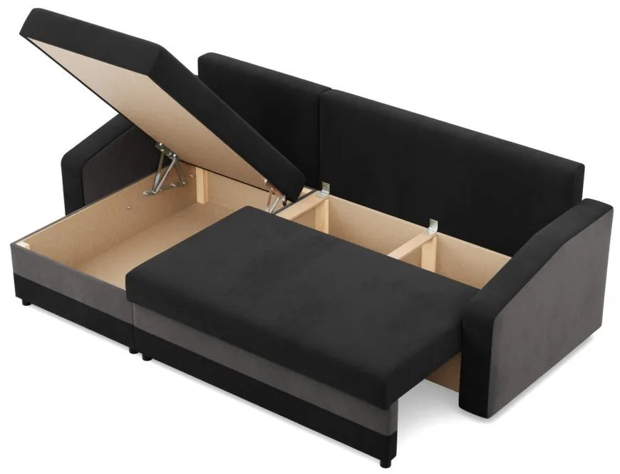 Hewlet sarokkanapé, 2 ágyneműtartóval, szövet anyag, univerzális oldal, hab töltet, fekete - szürke