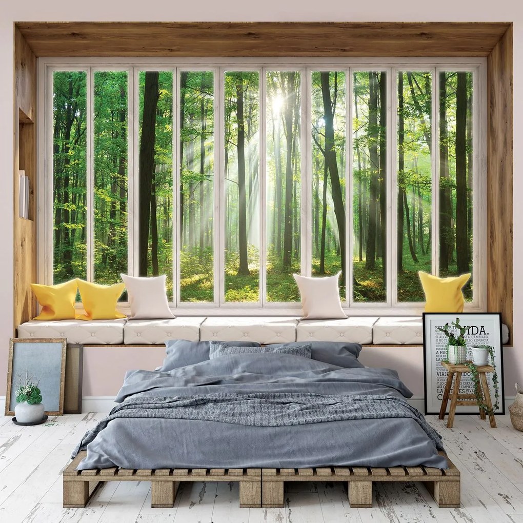 Fotótapéta - Kilátás az erdőre az ablakból (254x184 cm)
