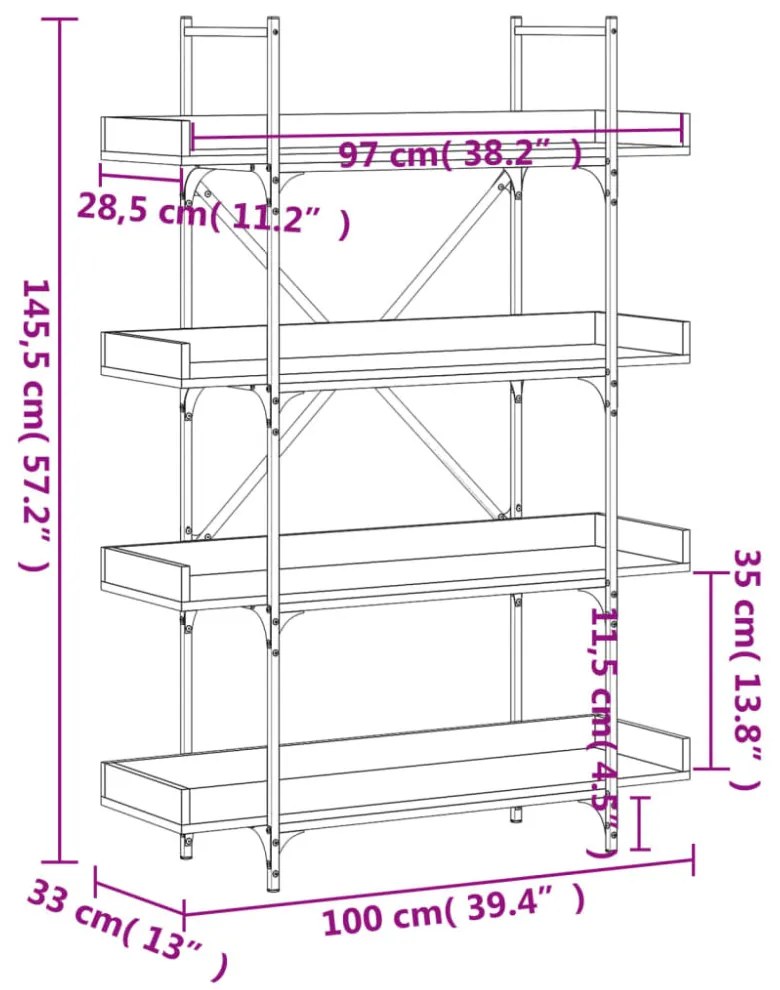 4-szintes fekete szerelt fa könyvespolc 100 x 33 x 145,5 cm