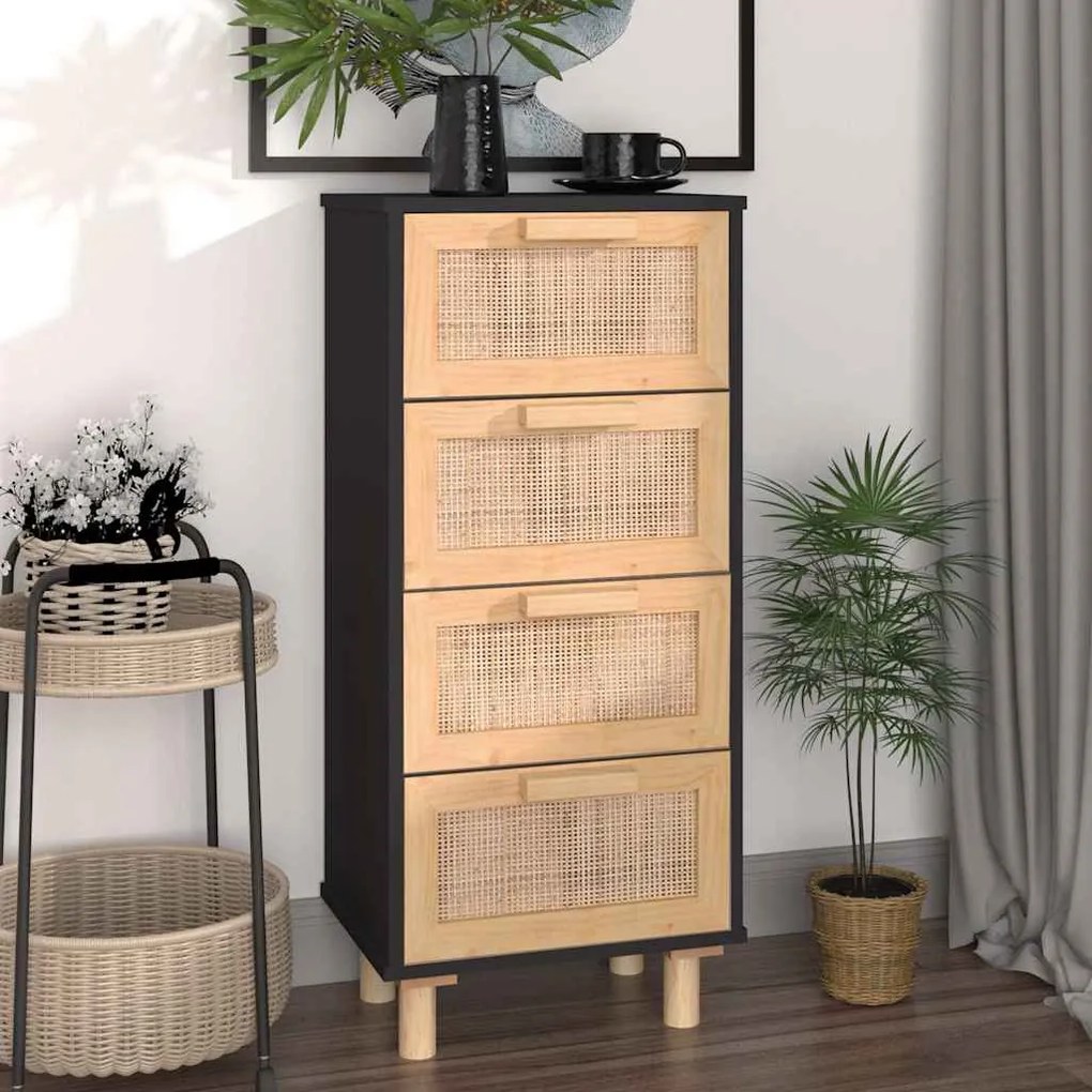fekete tömör fenyő/természetes rattan tálalószekrény 40x30x90cm