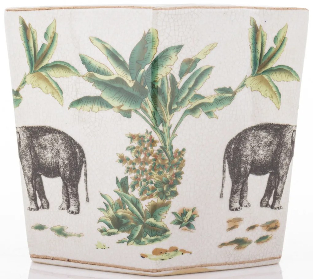 Törtfehér vintage szögletes porcelán 2db-os virágtartó kaspó szett elefántokkal festve 18x24,5x21,5 / 20x26,5x23,5cm