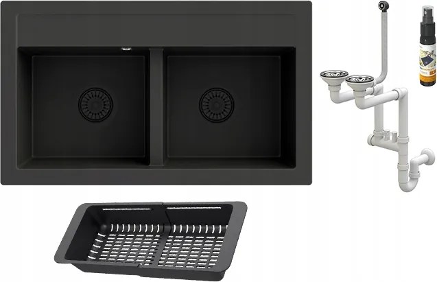 Fekete gránit mosogató Kétrekeszes csepegtetővel Duet szifon króm