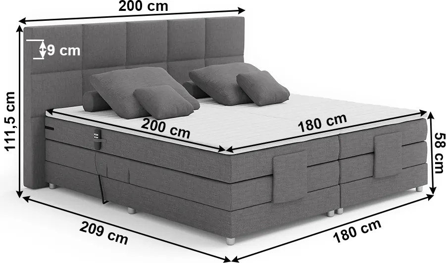 Elektromos állítható ágy, boxspring, szürke, 180x200, MURKO NEW