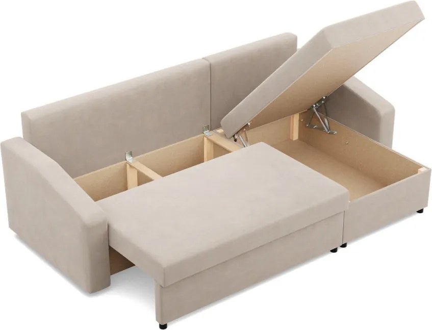 Zeus sarokkanapé, 2 ágyneműtartóval, döntött kartámasz, bársony, univerzális oldal, hab töltet, bézs