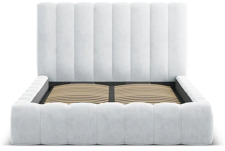 Világosszürke kárpitozott ágyneműtartós franciaágy ágyráccsal 200x200 cm Kelp – Micadoni Home