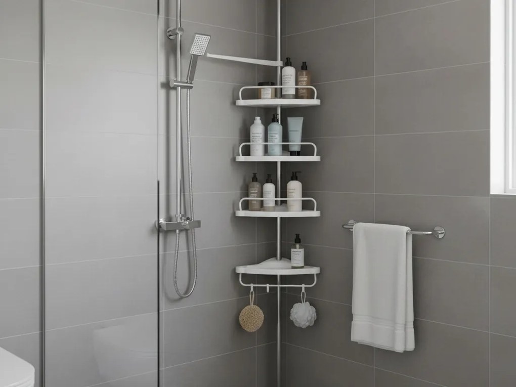 AKCIÓ Sarokpolc fürdőszobába COMPACT teleszkópos 104-315 cm, fehér II. osztály