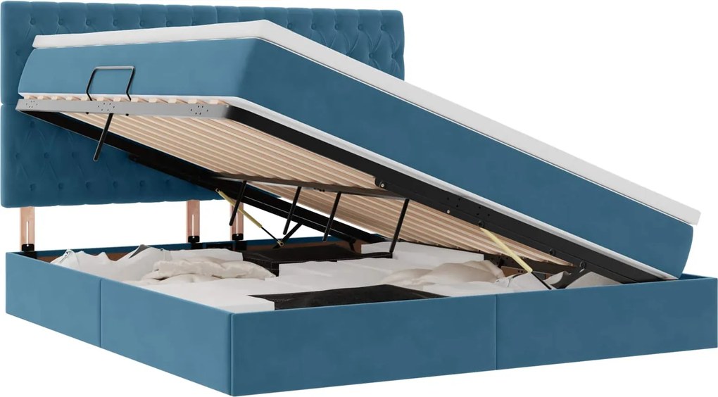 vidaXL Ágy tárolóval és matraccal Sötét kék 160 x 200 cm Bársony