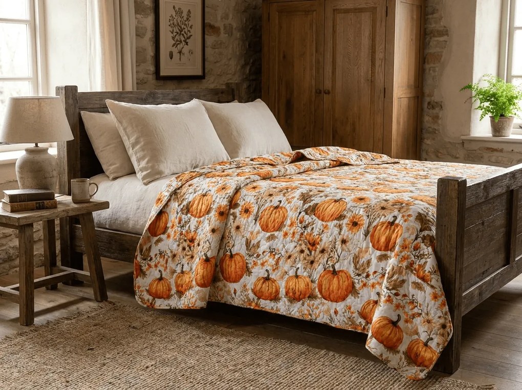 Ágytakaró FLOWERS AND PUMPKINS, narancssárga Méret: 220 x 240 cm