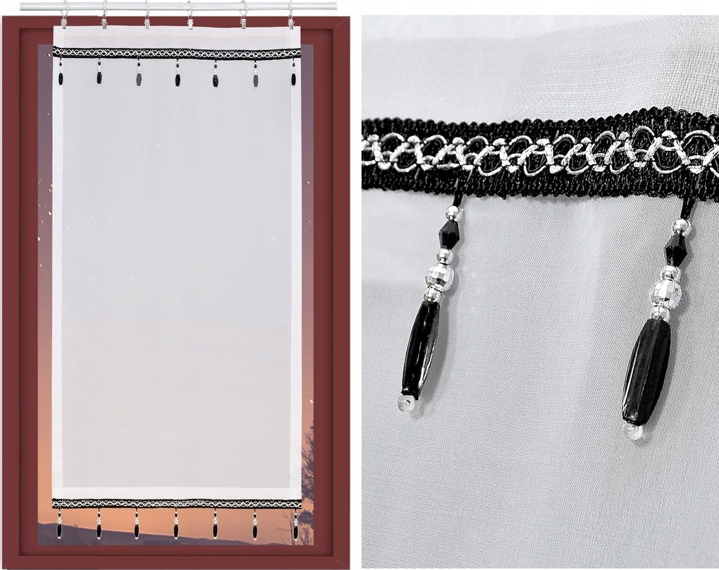 Kész függöny panel, fátyol képernyő fehér fekete gyöngyökkel 50x110 cm széles