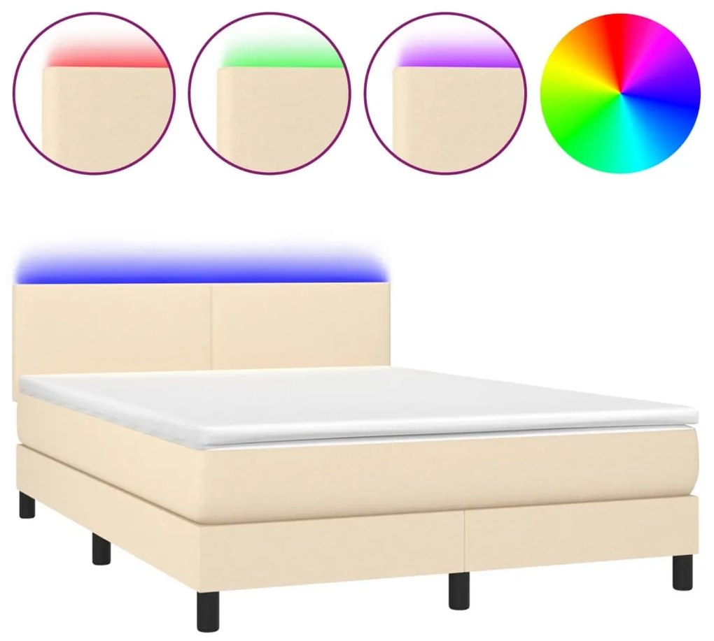 krémszínű szövet rugós és LED-es ágy matraccal 140x200 cm
