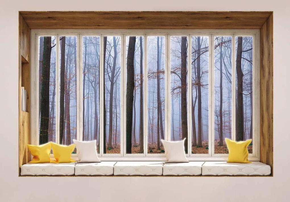 Fotótapéta - Erdő ködbe burkolózott - ablak (152,5x104 cm)