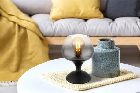 Globo 15548T2 Asztali lámpa fém fekete matt, füstszínű/átlátszó színátmenetes üveg búra, fekete textil kábel, billenőkapcsoló a kábelen, ø: 150mm, M: 205mm, kábel hossza 1500mm, 1x E27 40W 230V izzó nélkül