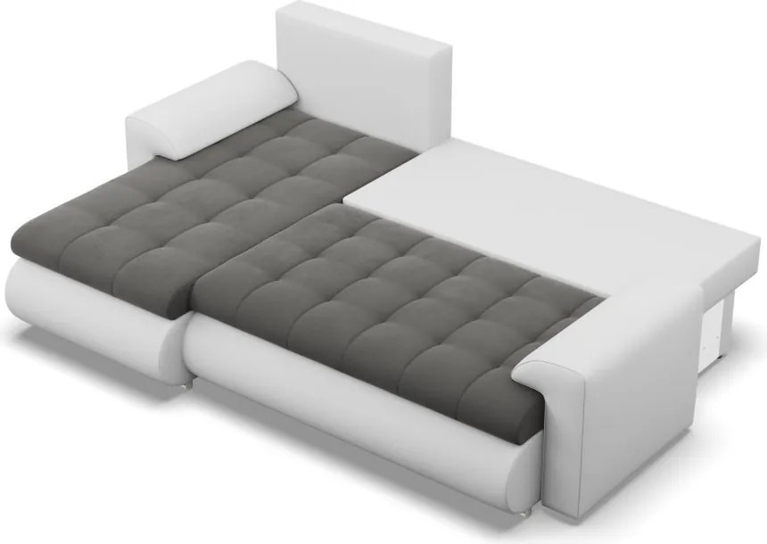 Tokio sarokkanapé, 2 ágyneműtartóval, bársony + műbőr, baloldali, szürke - fehér