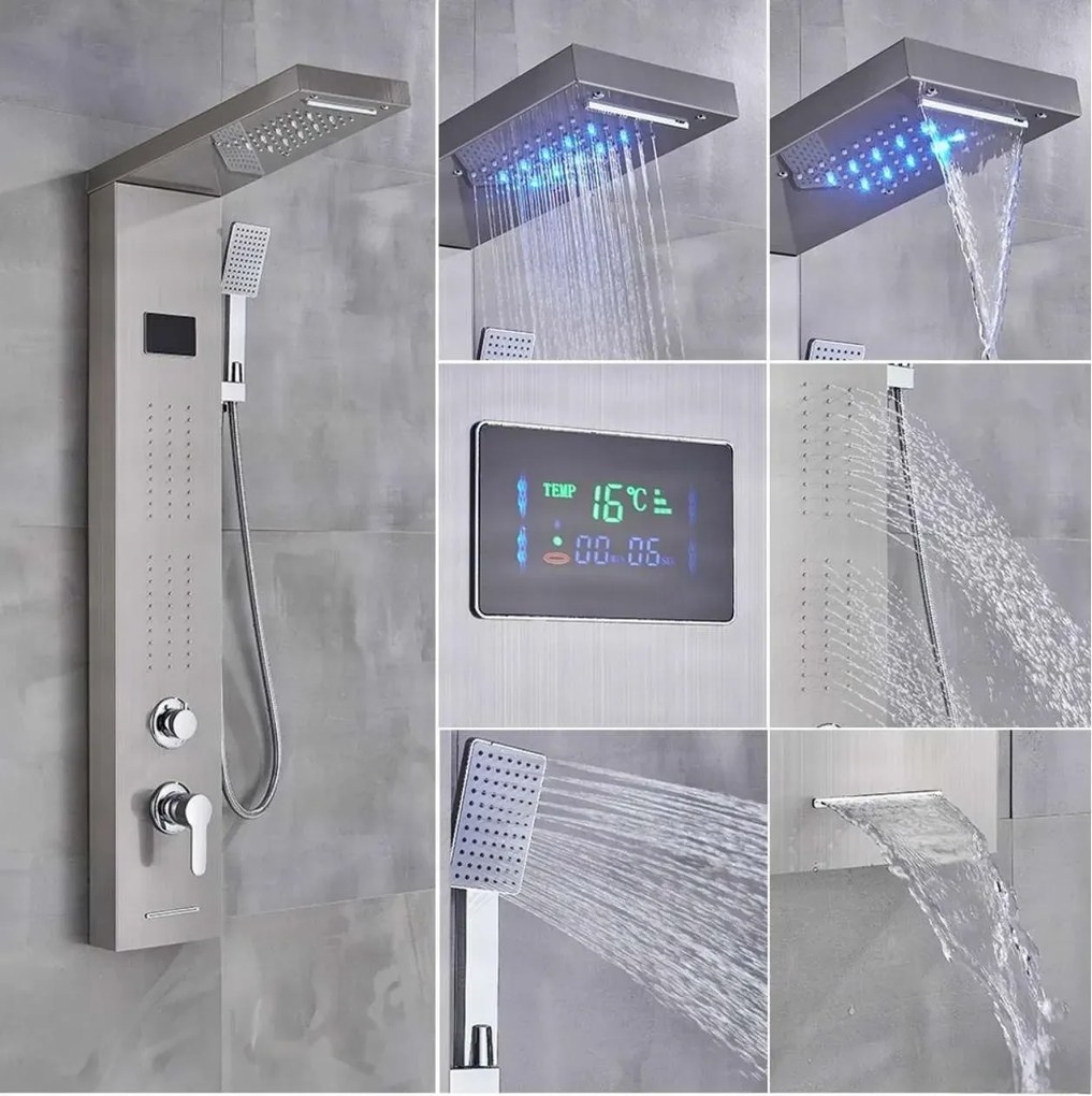 Zuhanyrendszer EYN BSP1912 LED-világítással, vízeséskifolyóval és masszázsfúvókákkal, többféle, például matt fekete és szálcsiszolt ezüst kivitelben…