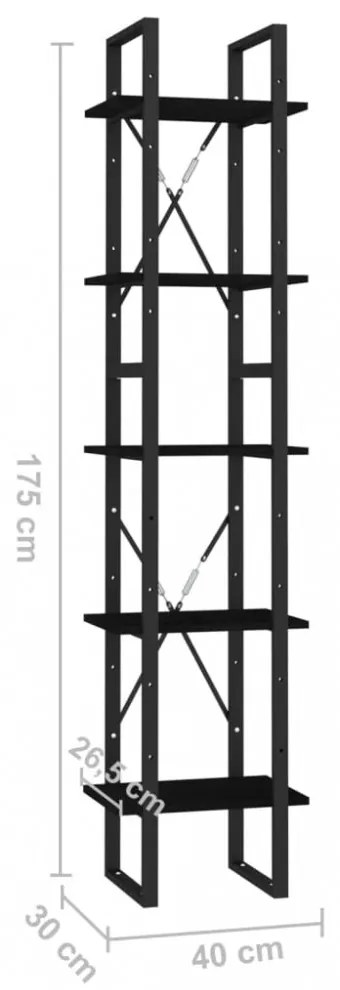 ötszintes fekete fenyőfa könyvszekrény 40 x 30 x 175 cm
