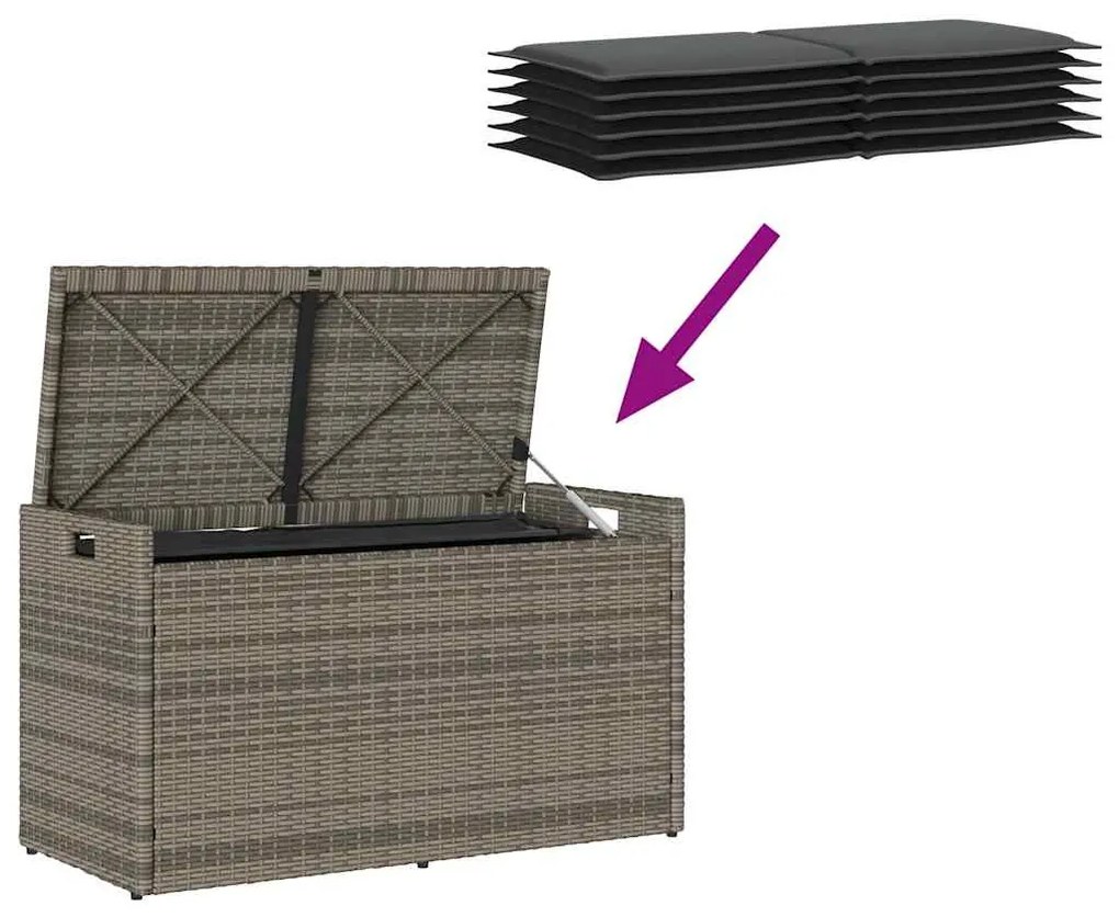 szürke polyrattan kültéri tárolópad párnával 100 cm