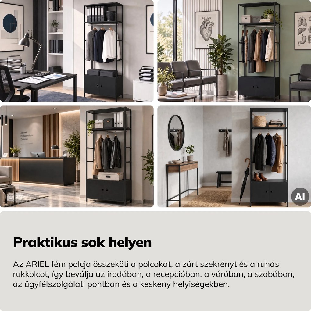 Irodai polc nyitott ruhaakasztó rúddal, recepcióra és váróterembe, fém, fekete, 800x2200x400 mm: ARIEL
