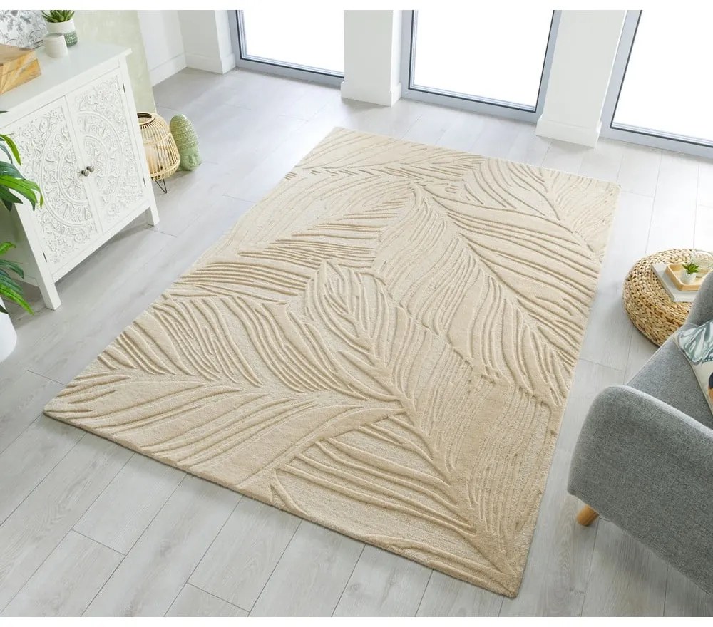 Lino Leaf bézs gyapjú szőnyeg, 160 x 230 cm - Flair Rugs