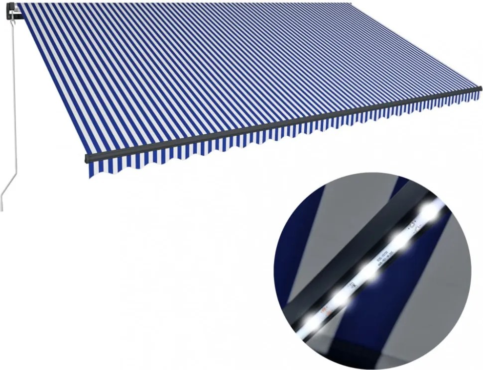 kék és fehér kézzel kihúzható LED-es napellenző 600 x 300 cm