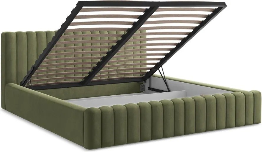 Zöld kárpitozott ágyneműtartós franciaágy ágyráccsal 180x200 cm Lemi – Makamii