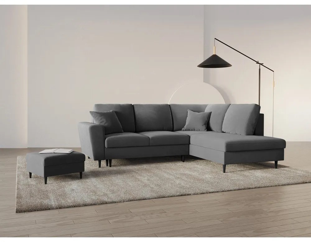 Világosszürke bársony kinyitható tárolóhelyes sarokkanapé (jobb oldali-L alakú) Kyoto – Cosmopolitan Design