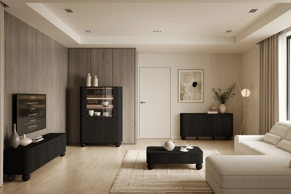 Vesper vitrin 103 cm - fekete / fekete fogantyúk / gömb lábak