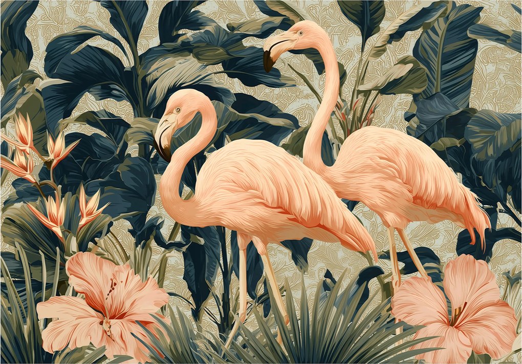 Fotótapéta Flamingók Levelek Virágok Zöld Falra Hálószoba Nappali 200x140