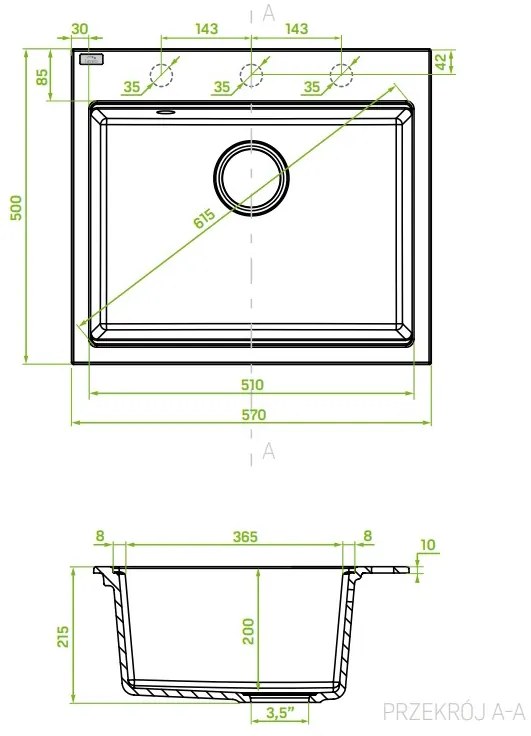 Laveo Tau, 1 kamrás gránit mosogató 570x500x215 mm, szürke, LAV-SBT_510Y