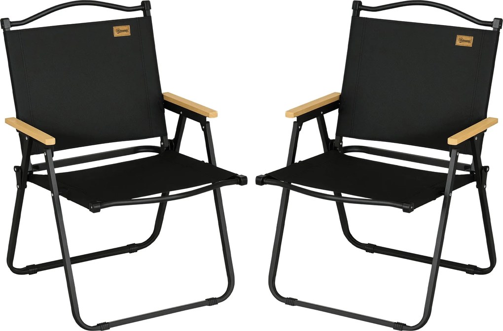 Outsunny 2 db-os Hordozható Kemping Szék Fém Vázal, Fa Hatású, Összecsukható Szék Medencéhez, Strandra, Oxford, Fekete | Aosom
